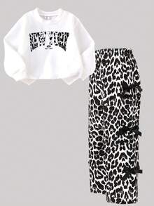Tween Girls Letter Print Crew Neck Sweatshirt & Leopard Bow‑Decor Wide Leg Pants 2‑Piece Outfit, Casual Fashion Matching Set For Daily Back To School - Multicolor - View 4