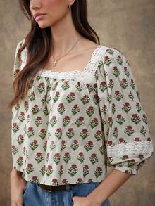 WESTFADE 方领钩花边泡泡袖宽松棉混纺印花摆裙上衣，适合秋季、冬季、波西米亚风、休闲风、可爱风、假日风、感恩节、圣诞节、西部风、乡村风等场合。 - 彩色 - 查看 5