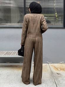 DAZY 秋冬季纹理扎染宽松商务休闲优雅街头时尚外套及阔腿裤套装，女士时尚休闲套装 - 橄欖綠 - 查看 6