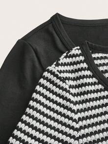 SHEIN EZwear 冬季新年感恩节三件套女式条纹+纯色圆领长袖T恤 女式长袖上衣 修身上衣 女式紧身衣 - 彩色 - 查看 5