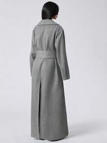 LYSMO Áo khoác len dài tay màu xám đậm có túi thắt lưng thanh lịch, rộng rãi và thoải mái cho nữ mùa thu đông - Màu xám đen - Xem 2