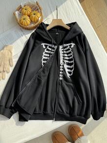 SHEIN EZwear Sudadera con cremallera de talla grande con estampado de esqueleto para Halloween, sudadera de esqueleto, sudadera de Halloween, sudadera con cremallera negra, sudadera gótica para invierno, otoño - Negro - Ver 5