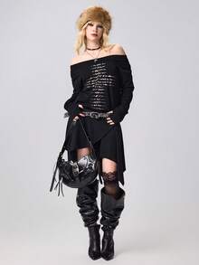 ROMWE Grunge Punk Váy trễ vai tay dài họa tiết da báo Millennium Y2K dành cho nữ, viền bất đối xứng - màu đen - Xem 6