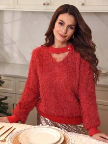 Louniche Women's Shiny Fuzzy V-Neck Pearl Decor Elegant Party Sweater, Autumn/Winter, Christmas - Red - View 7