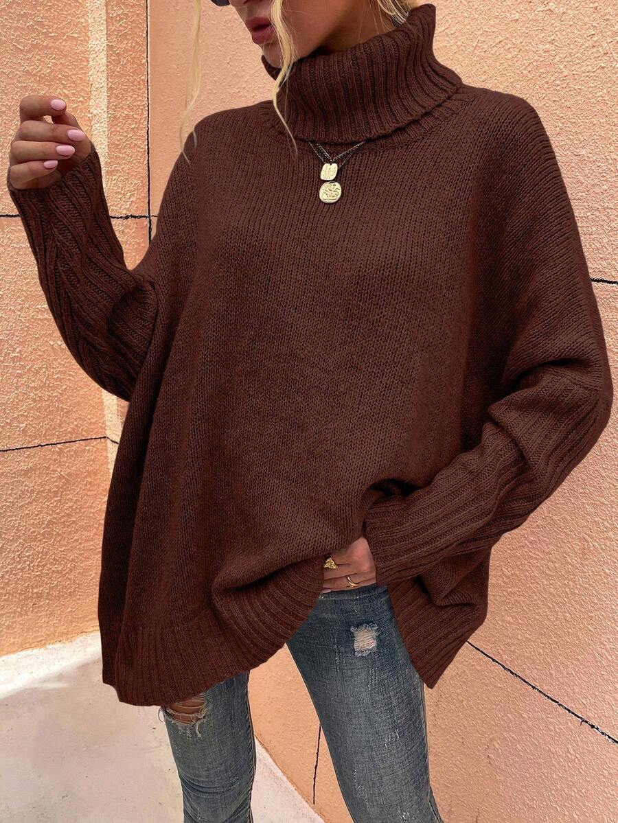 Chiquease 女士休闲高领纯色落肩宽松毛衣秋冬新年衣服 - 棕色 - 查看 1