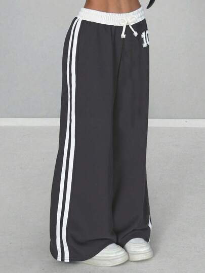 SHEIN Tween Girls' Numeric Print Contrast Color Loose Casual Everyday Pants,Fashionable Streetwear Girls Wide Leg Track Sweatpants