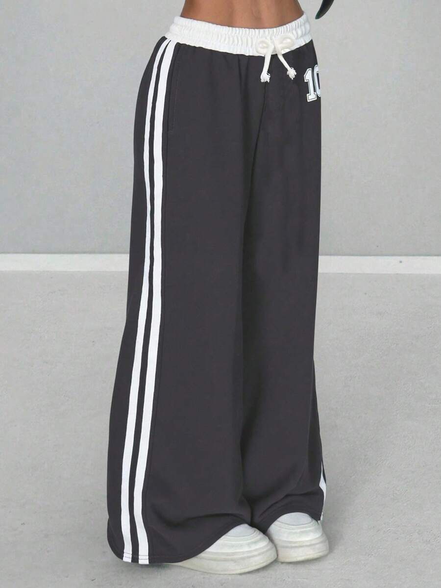 SHEIN Tween Girls' Numeric Print Contrast Color Loose Casual Everyday Pants, Fashionable Streetwear Tween Girls Wide Leg Track Pants Girls Wide Leg Sweatpants Wide Leg Pants Girls Girls Track Pants Girls Sweatpants