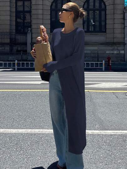 DAZY Women's Loose Long Sleeve Split Hem Long Sweater