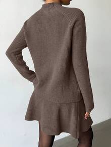 Elenzga Women Loose Casual Round Neck Textured Top And Pleated Skirt 2 Pieces Set - Camel - View 2