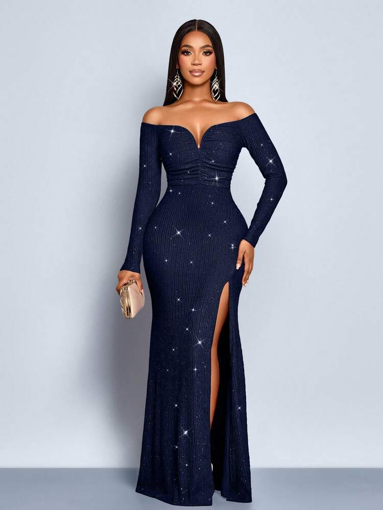 SOLERSUN Vestido Elegante e Fashionista Feminino com Decote em V, Ombros à Mostra e Bainha de Sereia, Ideal para Festa de Coquetel, Balada Noturna e Festa de Natal, Viagem e Encontros - Azul Marinho - Visão 3