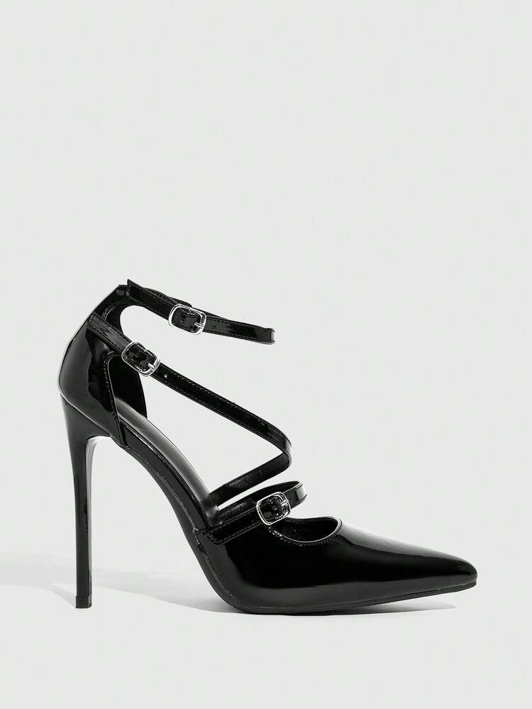 CUCCOO SZL Women's Black Pointed Toe Stiletto High Heel Sexy Party Ankle Strap Hollow Out Pumps For Christmas Spring Shoes