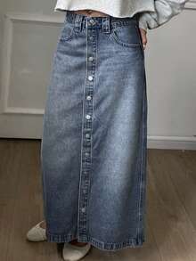 DAZY 女士纽扣前开襟休闲牛仔裙 - 中等水洗藍 - 查看 2