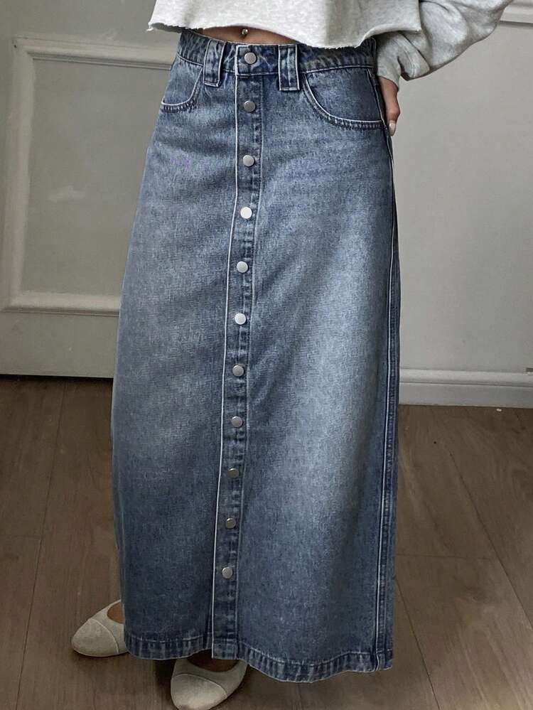 Women's Button Front Design Casual Denim Skirt