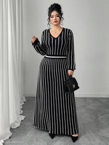 Modelyn 大码女式时尚条纹修身V领毛衣裙 - 黑與白 - 查看 3