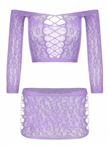 2pcs/Set Christmas Wine Red Sexy Women's Lingerie Set, Cropped Halter Top And Ultra-Short Bodycon Skirt With Fishnet Overlay - Violet Purple - View 3