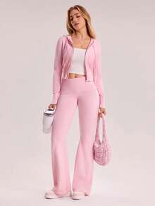 SHEIN Sovereign Charm Regular Fit Long Sleeve Hooded Knit Set Pink 2 Piece Set - Pink - View 6