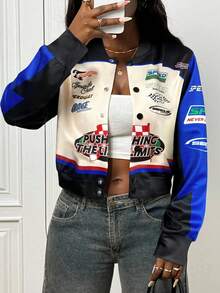 Slaydiva 2025新款早秋冬休闲街头日常约会机车复古棒球夹克口号Logo杏色拼接黑绿印花落肩长袖宽松外套针织面料女装 - 藍色 - 查看 7