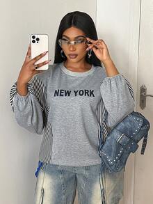 Maweii Plus Size Women Letter & Stripe Patchwork Sweatshirt, Suitable For Autumn - Light Grey - View 1