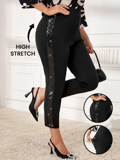 Miaspire Plus Size Women Solid Color Elastic Waist Sequin Patchwork Skinny Fashion Pants New Year Look Black Pants Maija    Party Elegant Dress Women New Year Clothes Elegant Dress Women Black Pants For Women Elegant Pants For Women,Spring