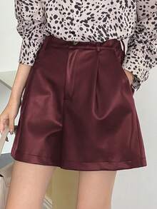 DAZY Women's Fashionable Commuter Solid Color Wide Leg PU Shorts - Burgundy - View 2