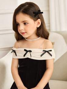 SHEIN Young Girl Elegant Off-Shoulder Color Block Bow Decor Velvet Waist Ruffle Hem Dress,Black&Apricot,Suitable For Halloween,Christmas,Autumn,Party Dress - Black - View 4