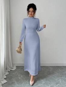 Elenzga Women's Solid Color Turtleneck Unique Design Fitted Waist Elegant Casual Long Sleeve Maxi Knit Sweater Dress, Suitable For Autumn/Winter - Blue - View 2