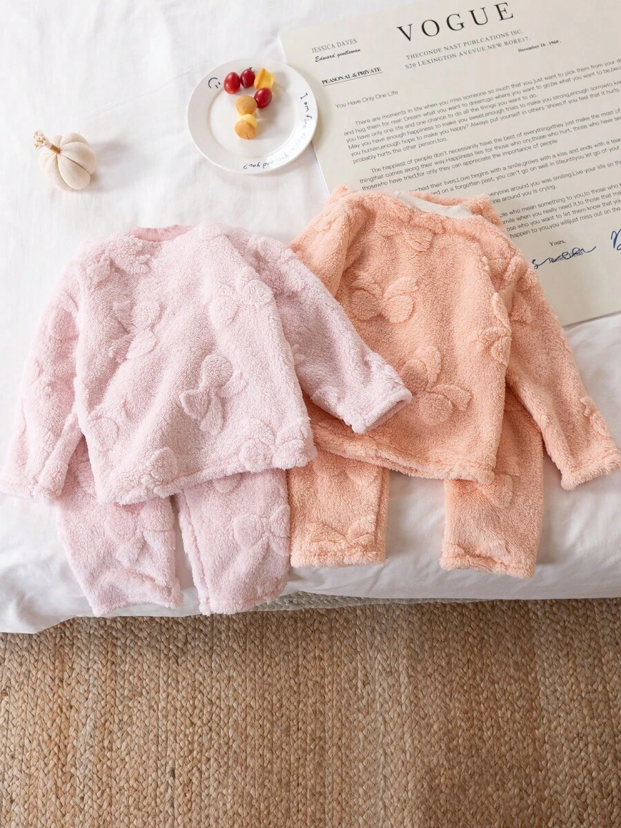 Genkimix Kids 2pcs/Set Young Girl' Cute & Simple Comfortable Knit Round Neck Fluffy Pink Long Sleeve Top And Pants Pajama Set With Bow Pattern - Coral Orange - View 1