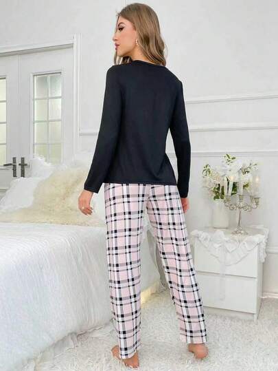 Letter Graphic Tee Plaid Pants PJ Set Pajama Set, Fall Clothes view 2