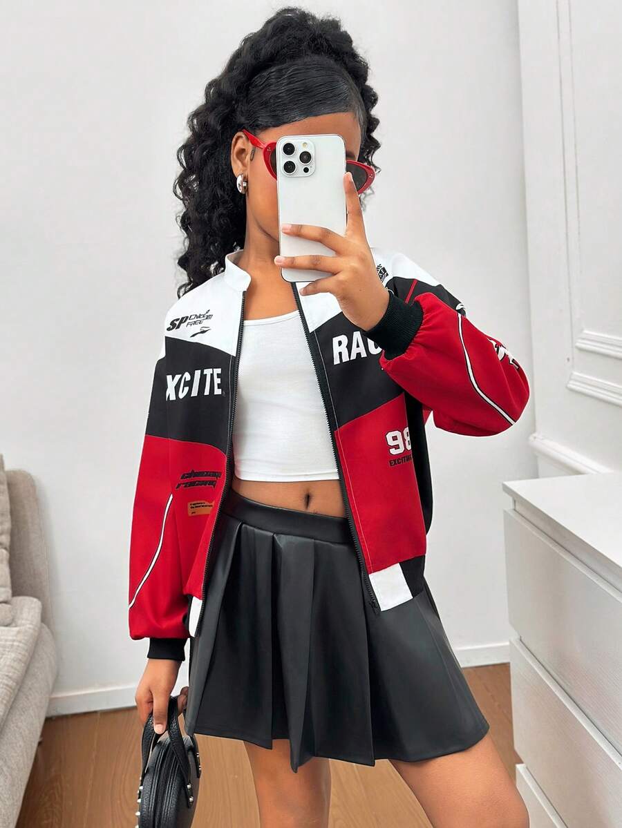 SHEIN Tween 女童休闲日常字母印花宽松拉链夹克，黑色和红色印花 - 紅色 - 查看 1