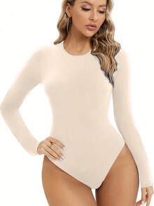 INAWLY Solid Color Round Neck Slim Fit Casual Bodysuit - Apricot - View 3