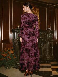 Anewsta Women's Velvet Burnout Vintage Elegant Long Dress, Suitable For Winter, Fall, Christmas, New Year, Spring, Party, Wedding, Elegant, Chic, Stylish, Christmas, Business Casual - Burgundy - View 3