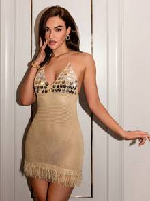 SHEIN Glamour 优雅秋季新款单件针织卡其色露背无袖亮片装饰女士毛衣浪漫风格派对连衣裙 - 卡其色 - 查看 5