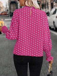 SHEIN Clasi Polka Dot Print Retro Mandarin Collar Long Sleeve Shirt - Hot Pink - View 2