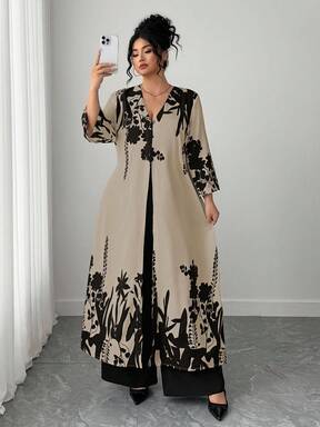 Elenzga مجموعة قطعتين للمرأة بحجم كبير: بدلة كاجوال مكونة من جاكيت بأكمام طويلة وطباعة زهرية وبنطال ساق واسعة