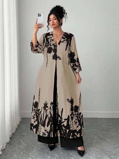 Elenzga Plus Size Women 2 Pieces Set: Floral Print Long Sleeve Jacket And Wide Leg Pants, Casual Commuter Outfit