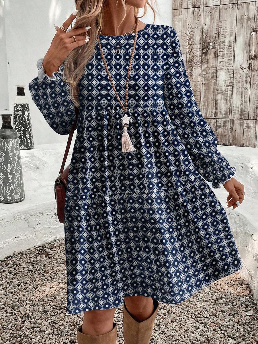 EMERY ROSE Robe mi-longue décontractée et élégante pour femmes, robe géométrique à fleurs anciennes pour l'automne et l'hiver, robe à fleurs, robe à imprimé carreaux et pois, robe à manches longues, automne - Multicolore - Voir 1