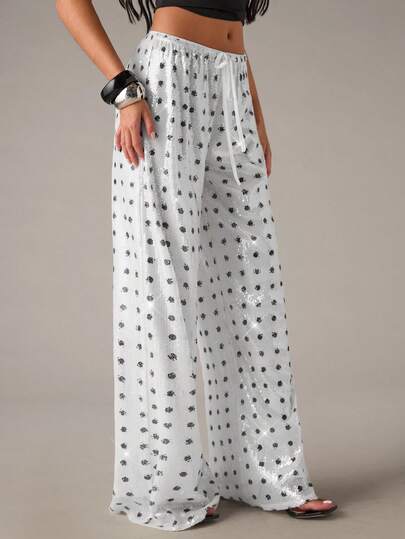 SHEIN BAE Women's Waist Tie Polka Dot Sequin Wide Leg Loose Fashion Pants