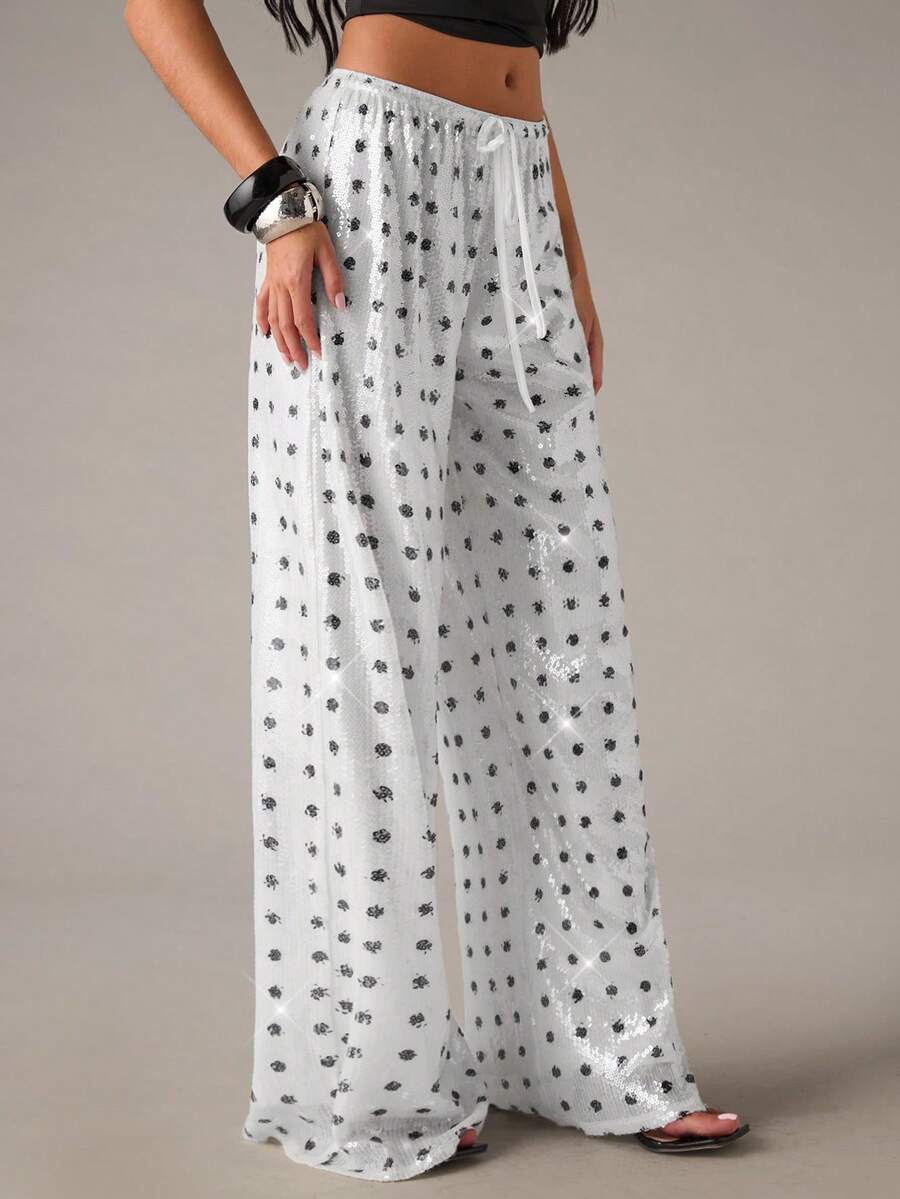 SHEIN BAE Quần ống rộng chấm bi thắt eo thời trang cho nữ - Đen và trắng - Xem 1