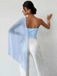 Firerie 女士优雅休闲度假日常时尚百搭白色不对称领口网眼拼布不对称系带修身衬衫，夏季 - 淺藍色 - 查看 2