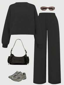 Sparklyn 2 件套舒适少女时尚趣味粉色字母标语图案印花保暖舒适服装，圆领短款运动衫和运动裤套装 - 彩色 - 查看 2