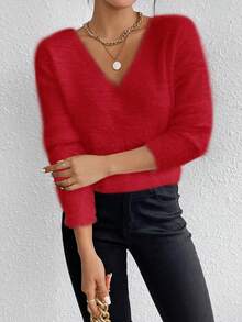 EMERY ROSE White V-Neck Casual Soft Knit Sweater, Long Sleeve Pullover Top, Autumn/Winter - Red - View 5