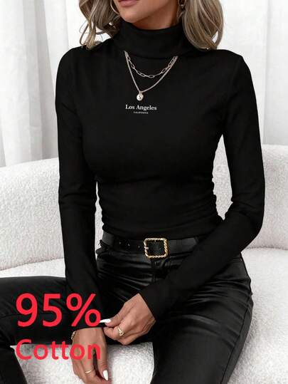 SHEIN Clasi Women's Casual Turtleneck Slim Fit Long Sleeve T-Shirt, 95% Cotton, Suitable For Autumn/Winter,Fall,Fall Clothes For Women