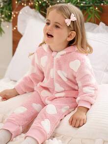 SHEIN Baby Girl Cute All-Over Heart Pattern Bow Decor Zipper Front Hooded Fleece Jumpsuit, Casual Everyday/Commute, Autumn/Winter - Baby Pink - View 3