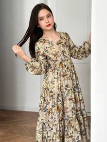 Tween Girl Ditsy Floral V 领泡泡袖拼布连衣裙，休闲度假梭织花卉连衣裙，卡其色/杏色 - 杏色 - 查看 6