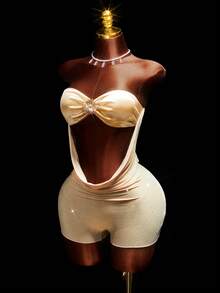 Amplova Women's Metallic Gold Shiny Bodysuit, Sexy Front Keyhole Halter Backless Bodysuit - Gold - View 3