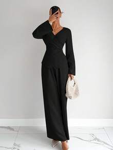 Siren Gaze Áo thun dài tay tối giản màu trơn cho nữ, áo sơ mi cạp chun mới mùa thu, bộ quần - màu đen - Xem 3