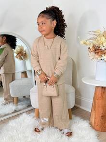 SHEIN NovaGlow Mädchen Lässig Strick Grau Langarm Top und Hose mit Gummibund Set, Herbst/Winter