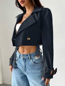 SHEIN EZwear 女式海军蓝色缺口翻领纽扣前长袖短款风衣（秋冬款） - 寶藍色 - 查看 2