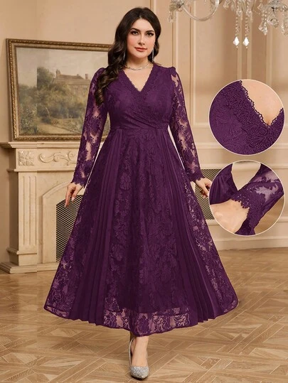 Modelyn 大码纯色 V 领蕾丝拼接优雅长袖连衣裙