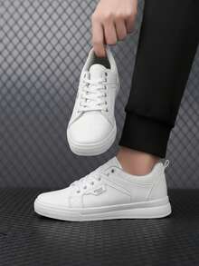 Tenis para hombre resistente fácil de limpiar punta redonda cordones suela plana estilo urbano casual uso diario tenis - Blanco - Ver 1